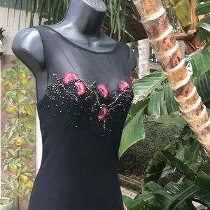 Xscape Beaded Sheer dark floral silk asymmetric trumpet dress